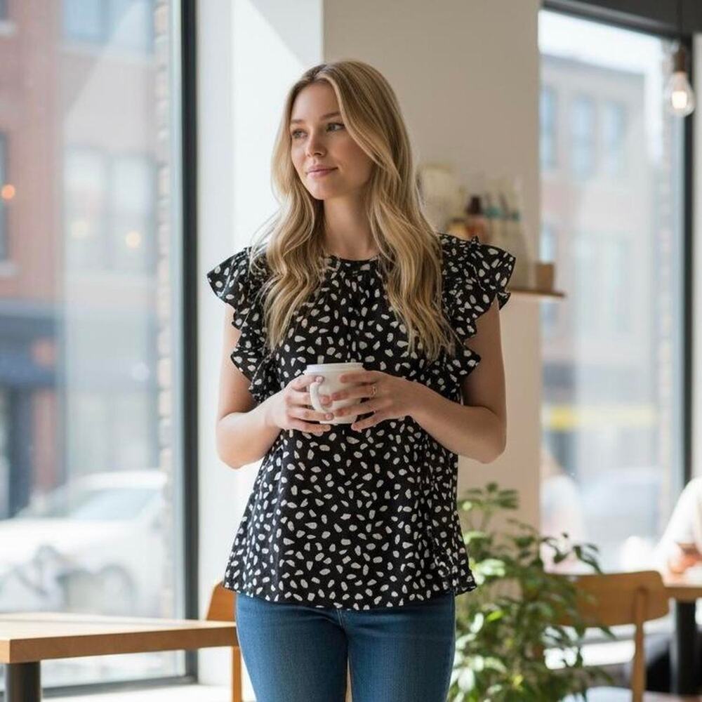 On 34th black and white blouse with short ruffle sleeves